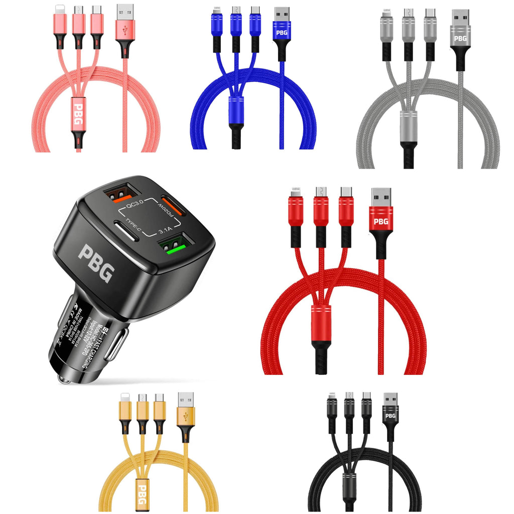 PBG Black 4 Port Car Charger and 4FT - 3 in 1 Nylon Cable Combo