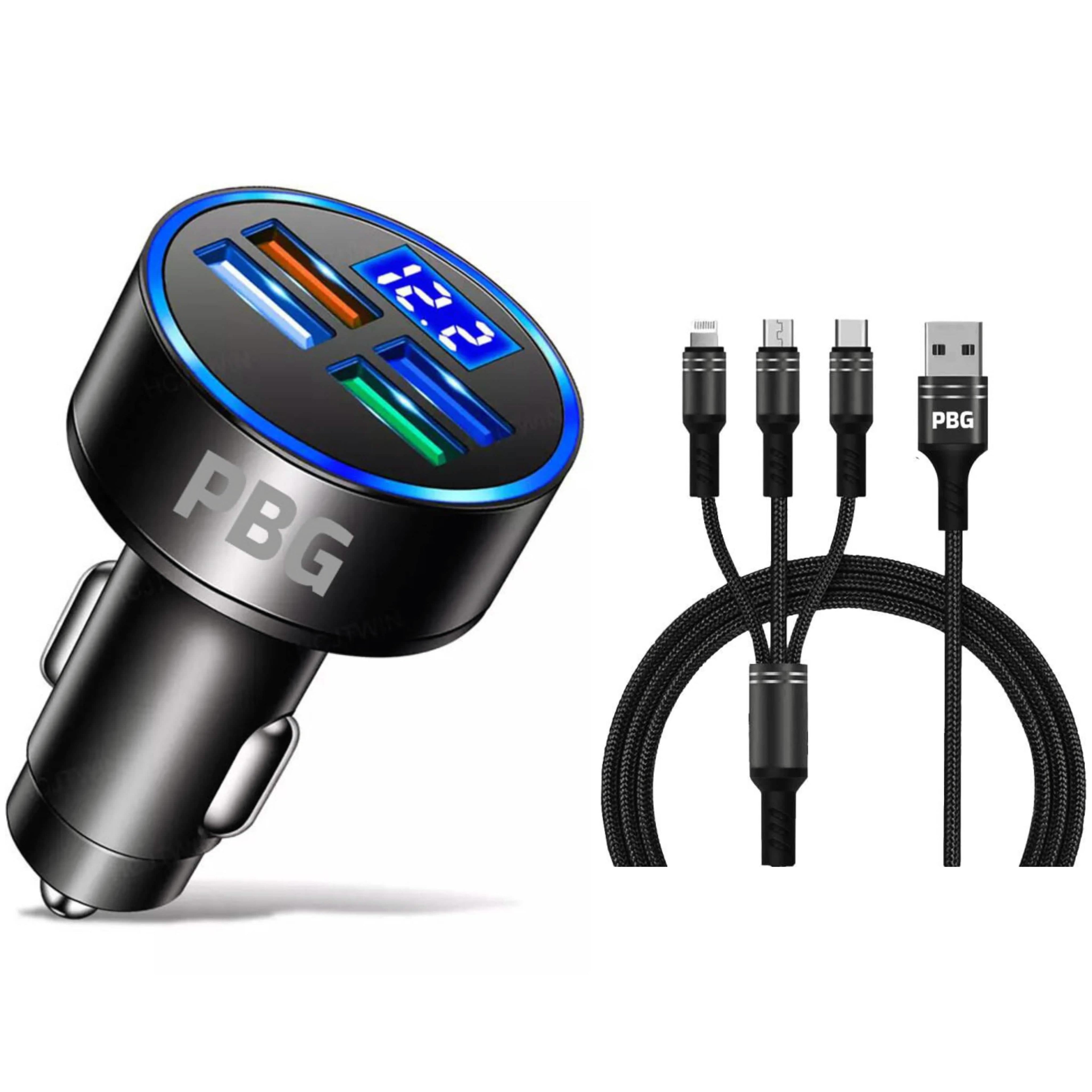 PBG LED 4 Port Car Charger Voltage Display and 3-in-1 Cable Bundle