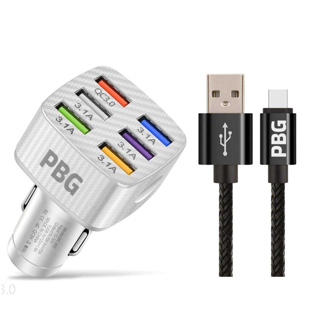 PBG LED 6-Port Car Charger and 10FT XL Zebra Lightning Cable Combo