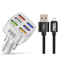 PBG LED 6-Port Car Charger and 10FT XL Zebra Lightning Cable Combo