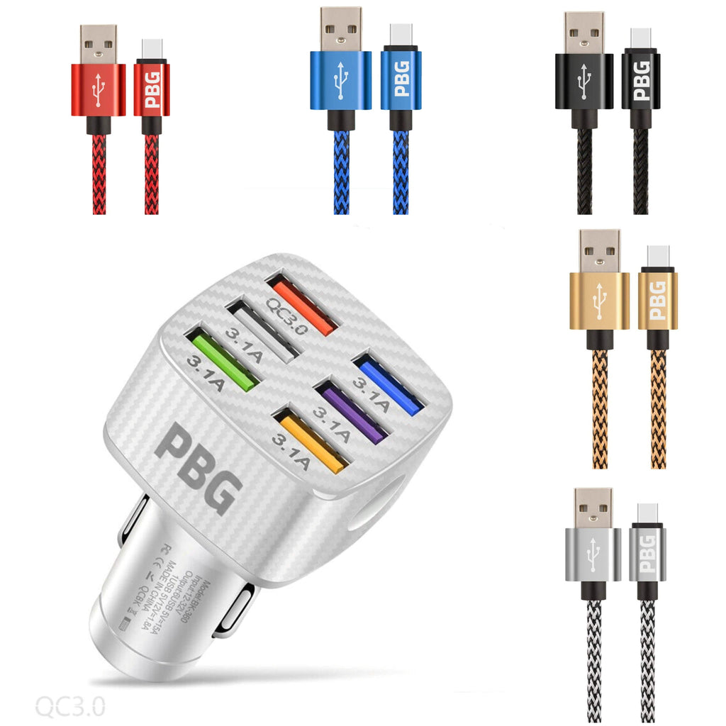 PBG LED 6-Port Car Charger and 10FT XL Zebra Lightning Cable Combo