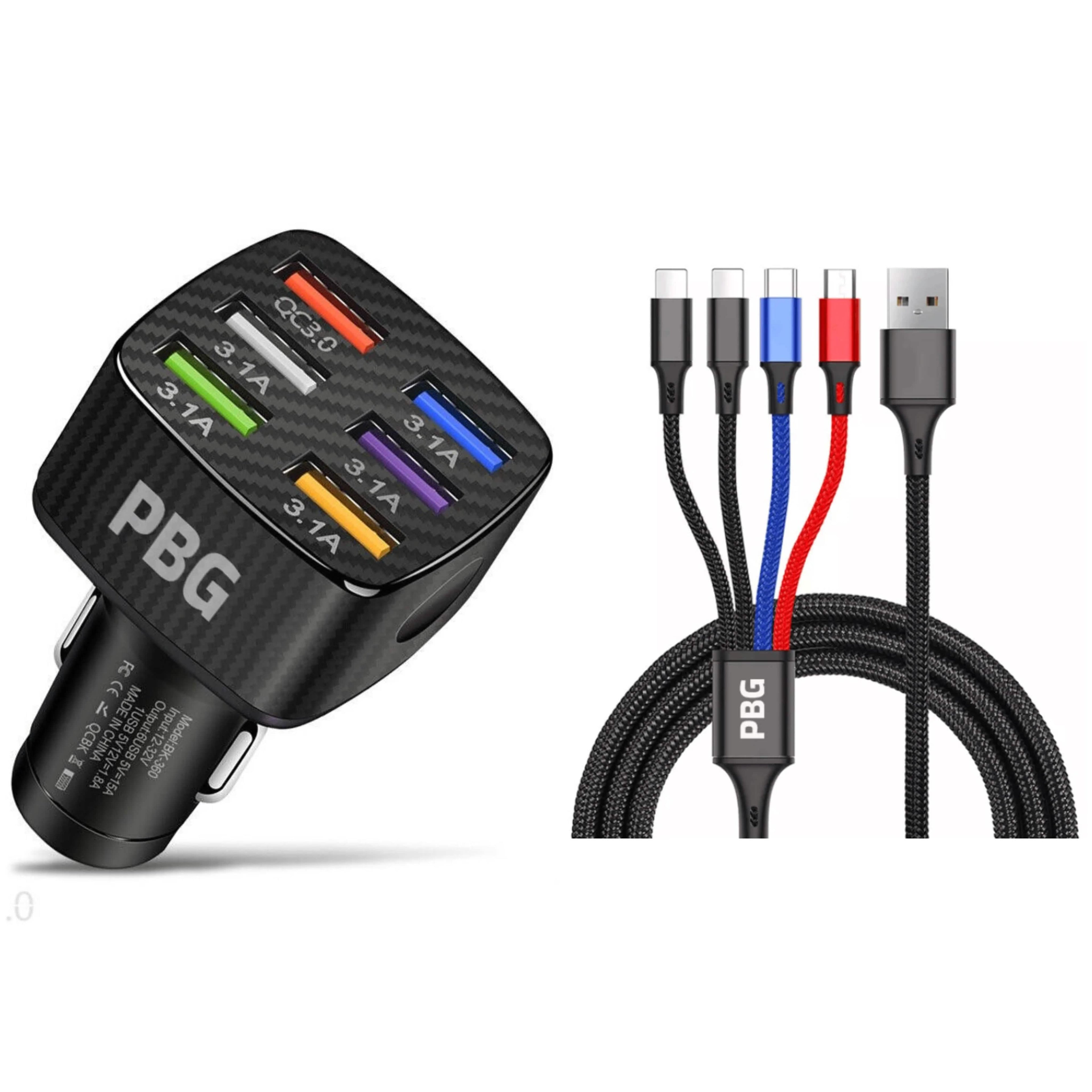 PBG LED 6-Port Car Charger and 4 in 1 Nylon Charging Cable Bundle