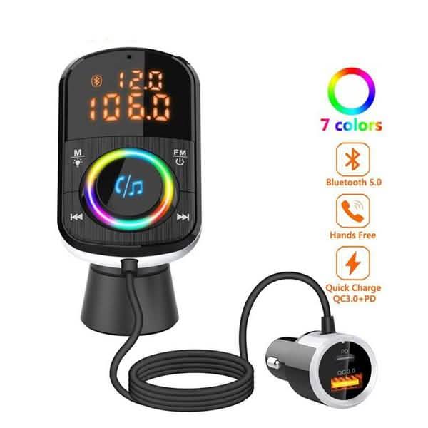 PD18W and QC3.0 Bluetooth 5.0 Car Radio Adapter Dual Fast Charging Port Wireless FM Audio Hands Free Car Kit Receiver