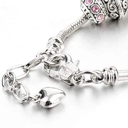 Pink Crystal Love Heart Bead Glass Charm Bracelet with Extender