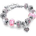 Pink Crystal Love Heart Bead Glass Charm Bracelet with Extender