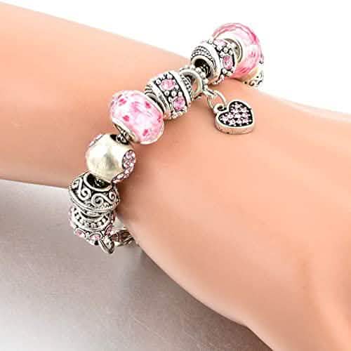Pink Crystal Love Heart Bead Glass Charm Bracelet with Extender