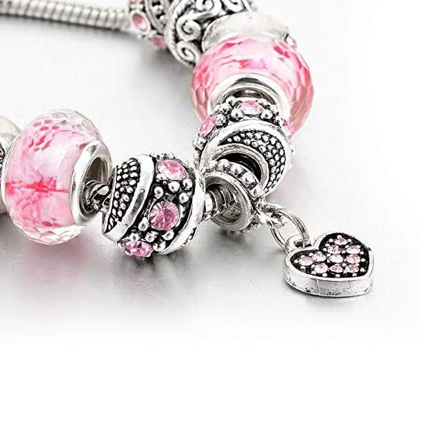 Pink Crystal Love Heart Bead Glass Charm Bracelet with Extender