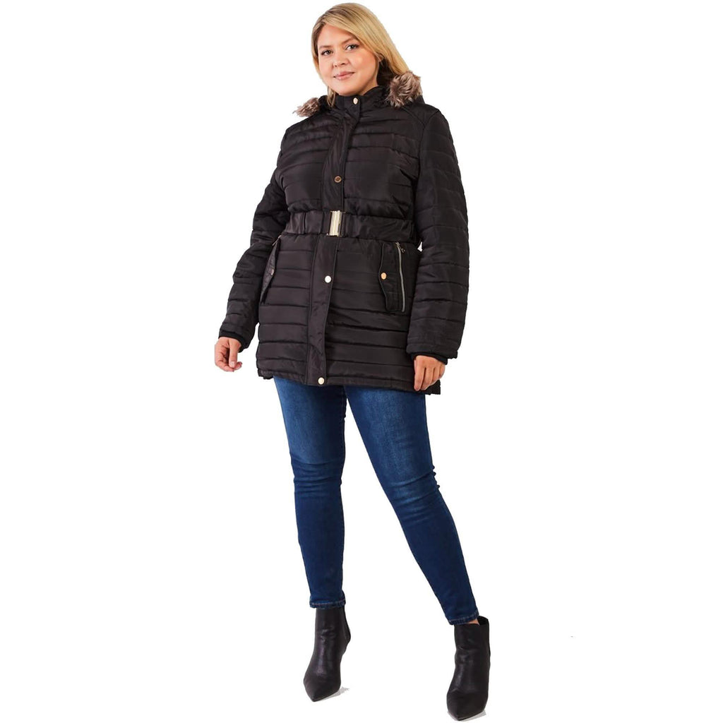 Plus Parallel Quilt Faux Fur Hood Belted Padded Long Puffer Jacket