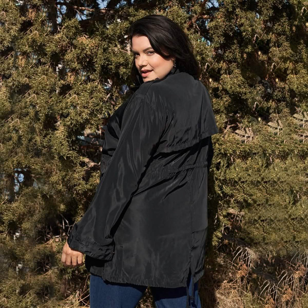 Plus Size Glossy Drawstring Hem Button-Down Coach Jacket
