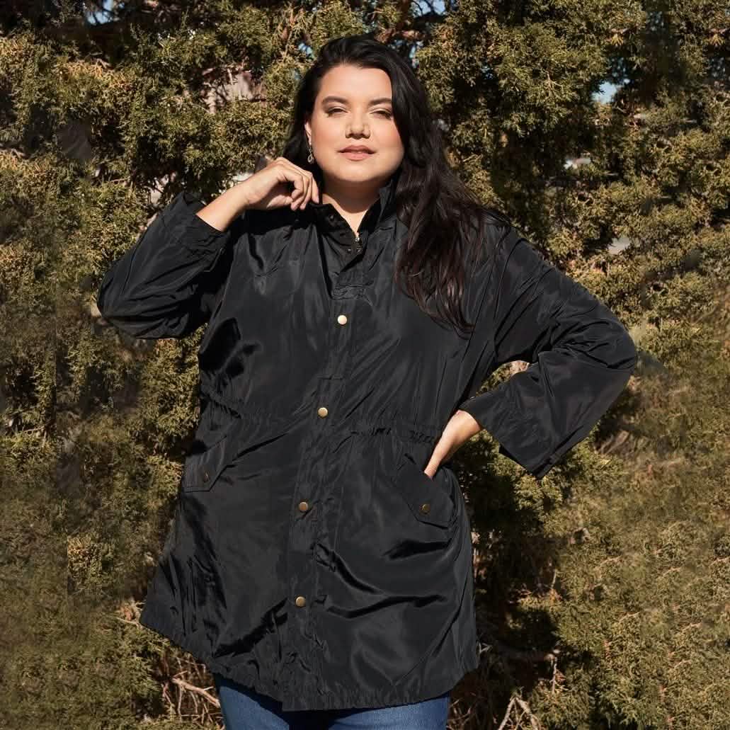 Plus Size Glossy Drawstring Hem Button-Down Coach Jacket