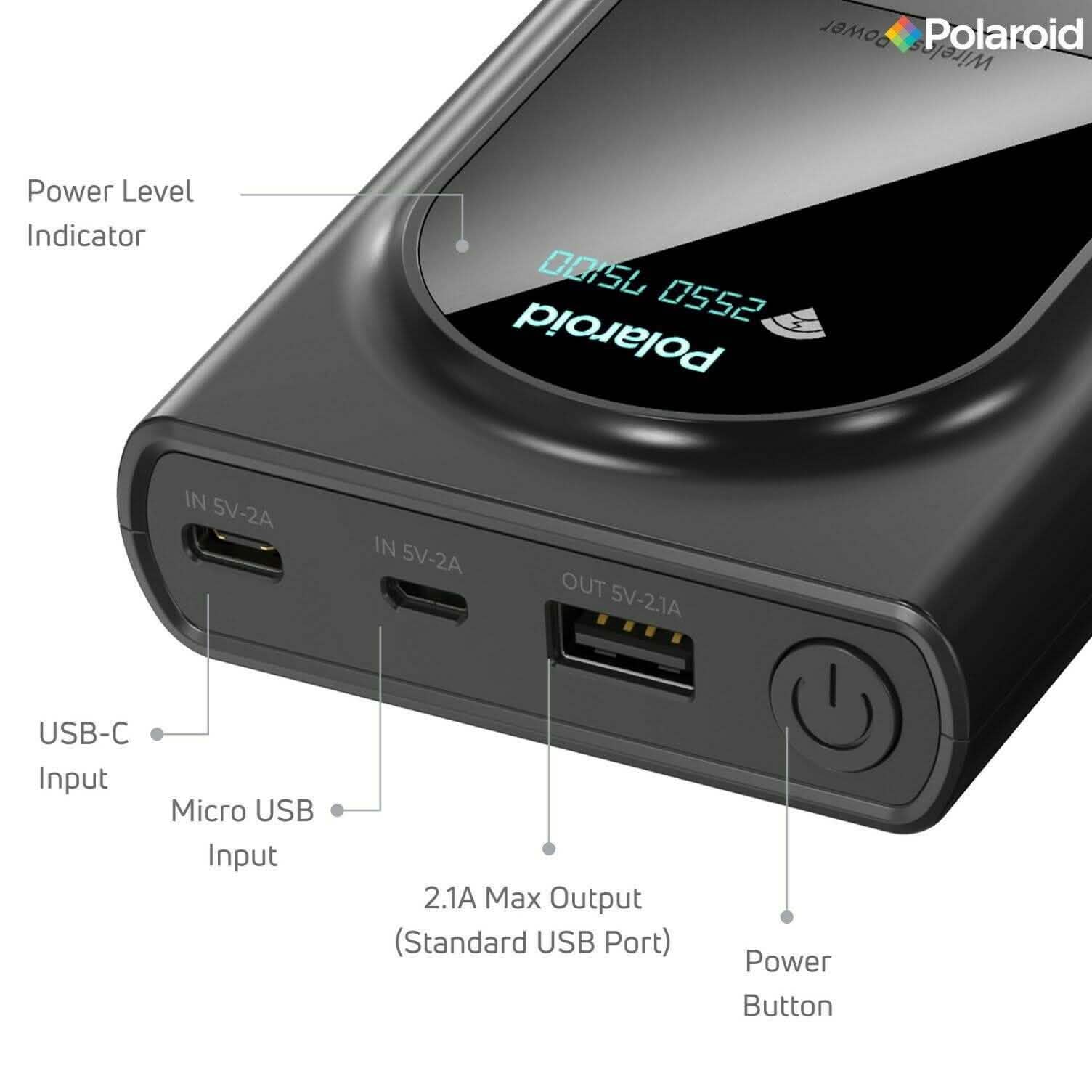 Polaroid Portable Wireless Power Bank - 10000mAh, USB Charging, Digital Display