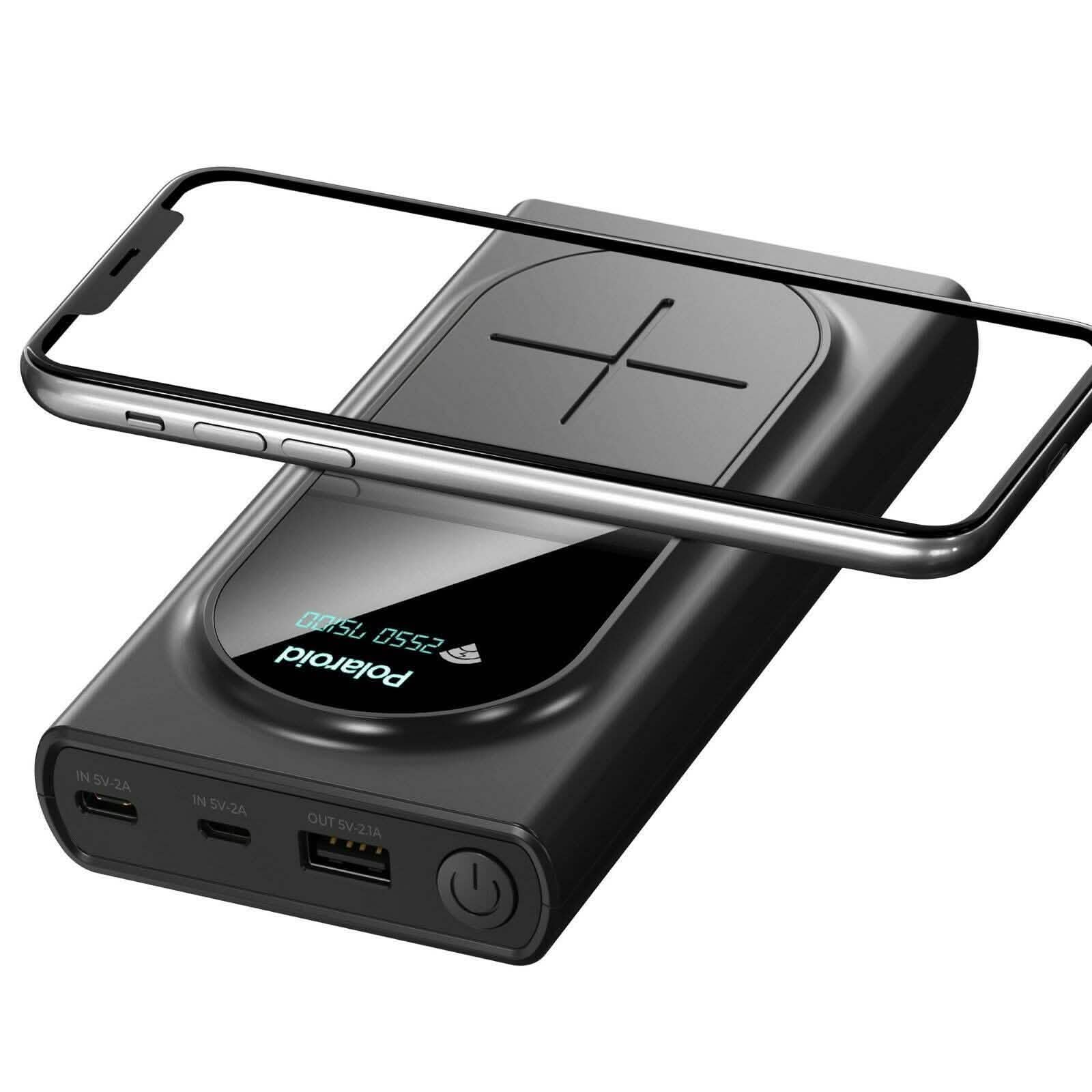 Polaroid Portable Wireless Power Bank - 10000mAh, USB Charging, Digital Display