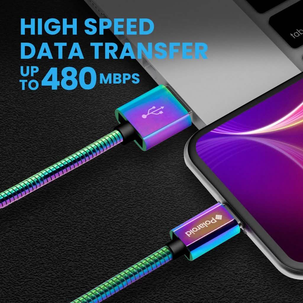 Polaroid USB Type-C Cable 5Ft | USB C Spiral Metal Cable with Aluminum Housing for Android Devices - Iridescent