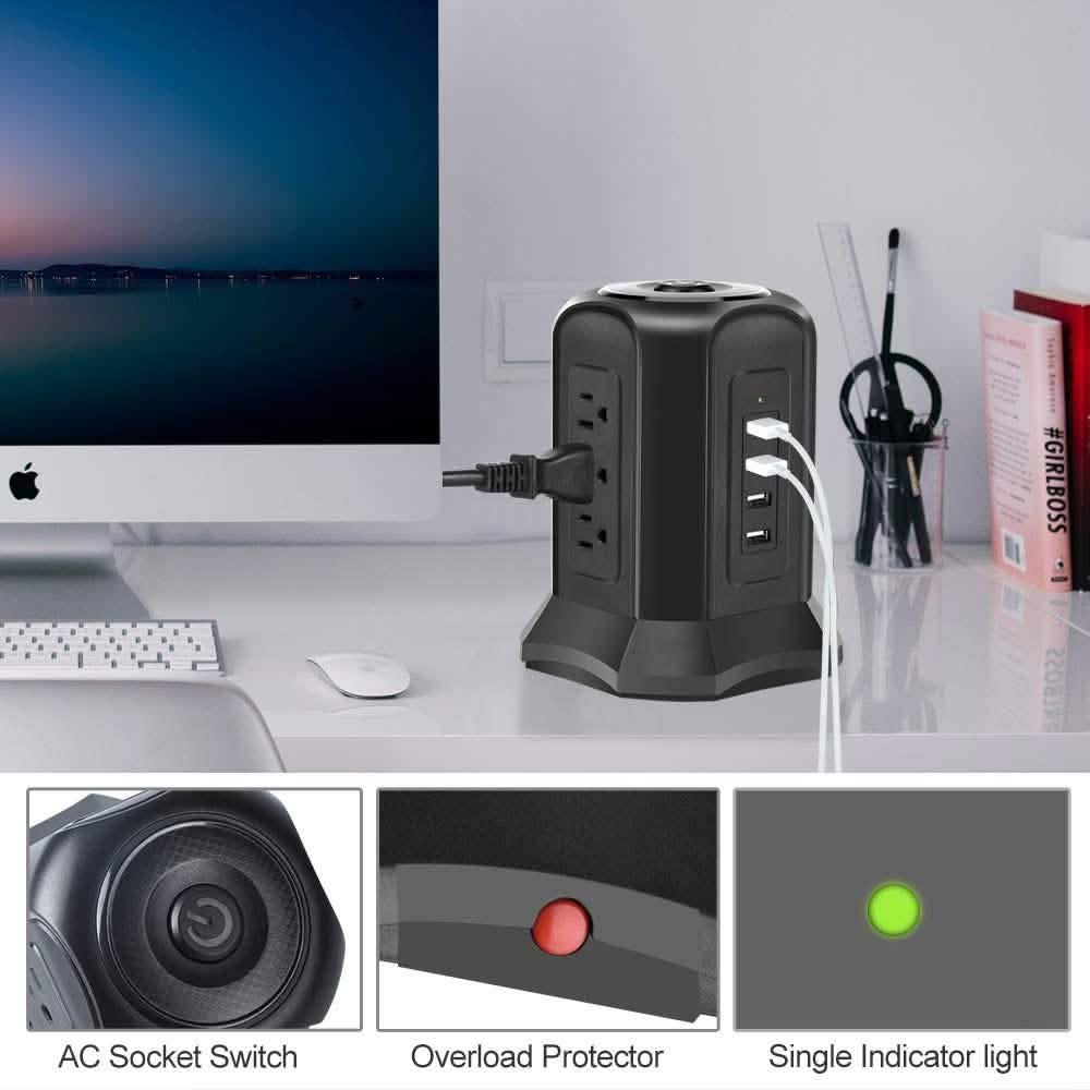 Power Strip Tower with 9 AC-Outlets and 4 USB Charging Ports Switch Control