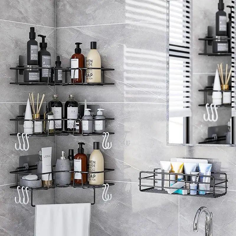 Premium Quality Bathroom Kitchen Punch Corner Frame Shower Shelf Wrought Iron Shampoo Storage Rack Holder with Suction Cup Bathroom Accessories