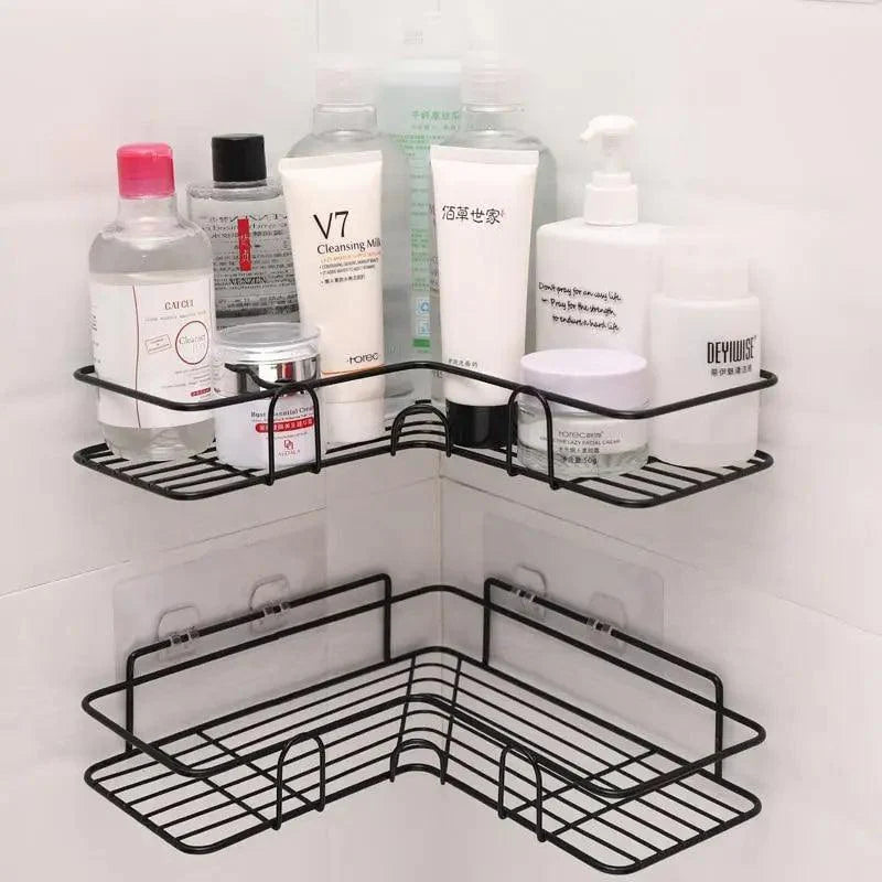 Premium Quality Bathroom Kitchen Punch Corner Frame Shower Shelf Wrought Iron Shampoo Storage Rack Holder with Suction Cup Bathroom Accessories