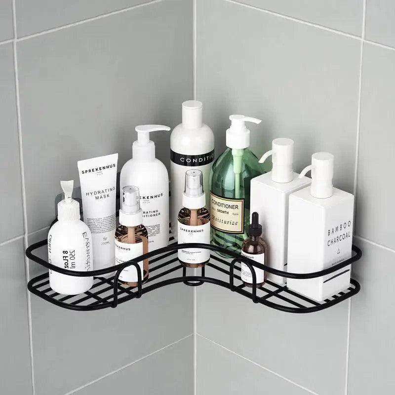 Premium Quality Bathroom Kitchen Punch Corner Frame Shower Shelf Wrought Iron Shampoo Storage Rack Holder with Suction Cup Bathroom Accessories