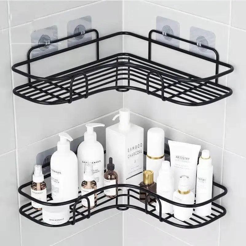 Premium Quality Bathroom Kitchen Punch Corner Frame Shower Shelf Wrought Iron Shampoo Storage Rack Holder with Suction Cup Bathroom Accessories