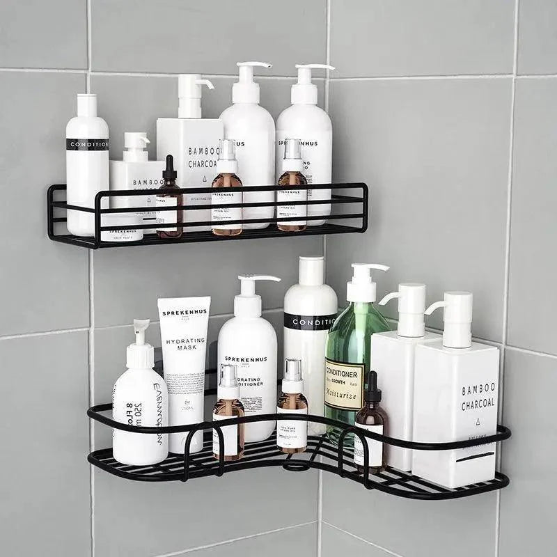 Premium Quality Bathroom Kitchen Punch Corner Frame Shower Shelf Wrought Iron Shampoo Storage Rack Holder with Suction Cup Bathroom Accessories
