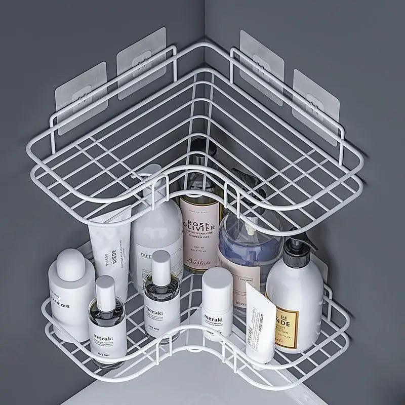 Premium Quality Bathroom Kitchen Punch Corner Frame Shower Shelf Wrought Iron Shampoo Storage Rack Holder with Suction Cup Bathroom Accessories