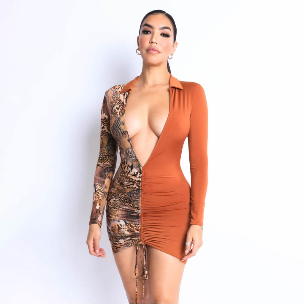 Print Blocked Ruched Front Deep V Dress