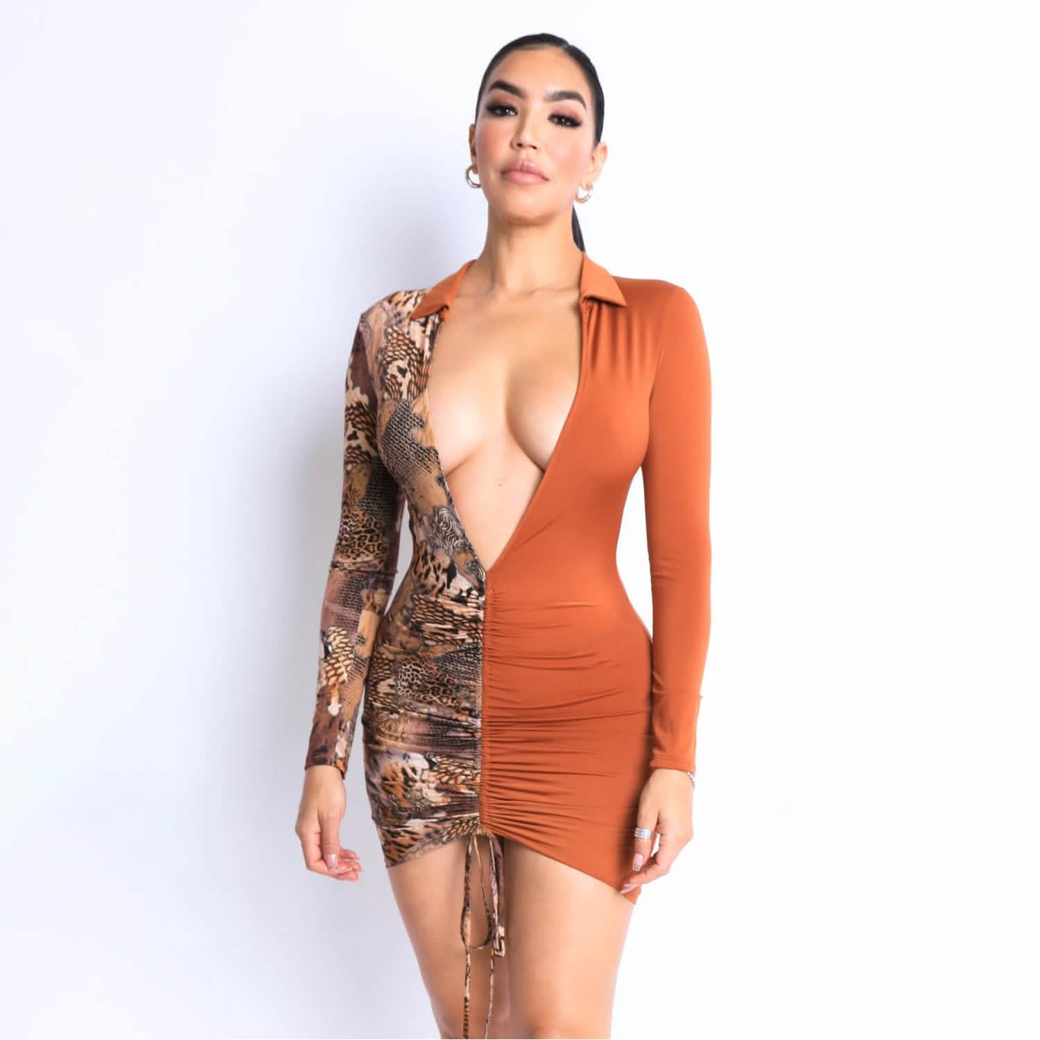 Print Blocked Ruched Front Deep V Dress