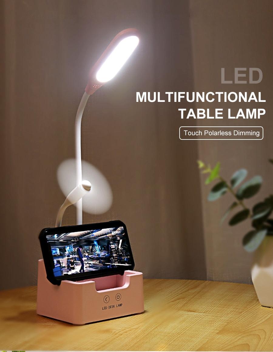 Rechargeable Led Table Lamp With Fan Touch Dimmable Desk Lamp Eye protection Reading Light For Kid With Phone Hoder Pen Holder Decorative Table Lamp Cute Study Lamps for Bedroom Décor