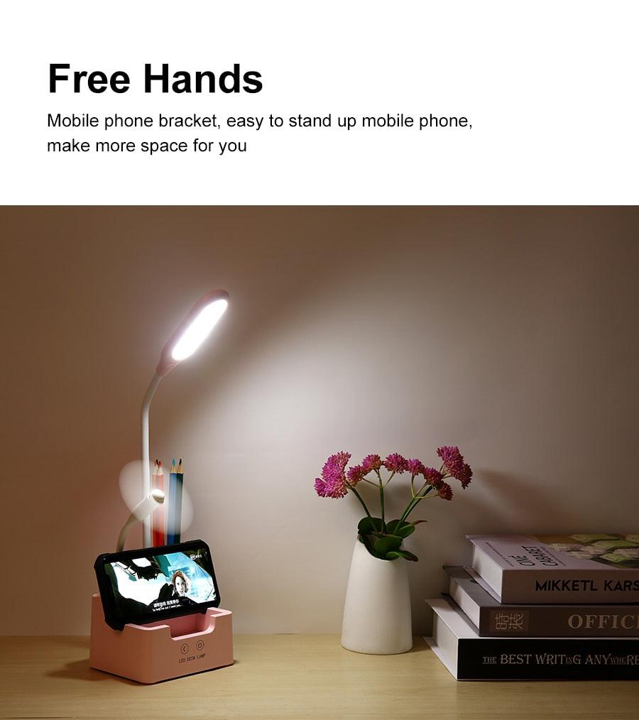 Rechargeable Led Table Lamp With Fan Touch Dimmable Desk Lamp Eye protection Reading Light For Kid With Phone Hoder Pen Holder Decorative Table Lamp Cute Study Lamps for Bedroom Décor