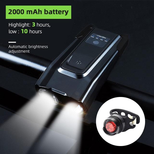 4000mAh Bicycle Front Light Set USB Rechargeable Smart Headlight With Horn 800 Lumen LED Bicycle Light Set USB Rechargeable Super Bright  Bike Headlight