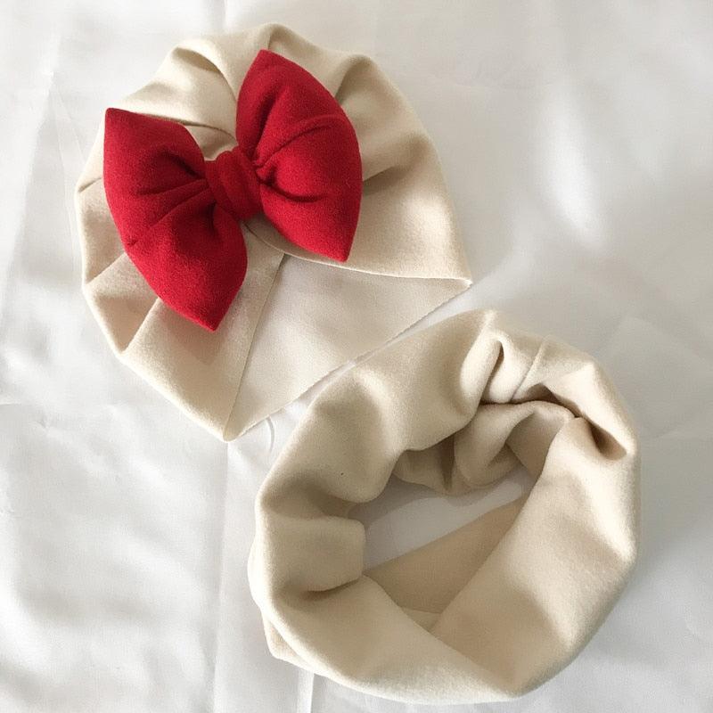 Baby Cotton Hat  Autumn Winter Children Scarf Hat Sets  Bowknot Ear Baby Girl Boy Warm Beanies Cap Neck Warmer Scarf Fleece Balaclava Hood Ski Mask Cold Weather Face Mask Neck Warmer Winter Nose Warmer