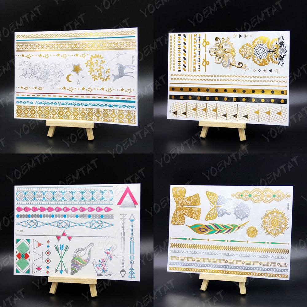 New Waterproof Temporary Tattoo Sticker Golden Silver Flower Jewelry Flash Fashion Different Design Tattoos For Womens