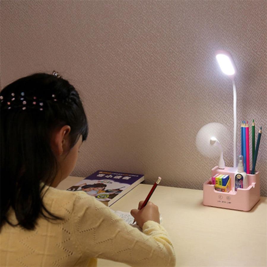 Rechargeable Led Table Lamp With Fan Touch Dimmable Desk Lamp Eye protection Reading Light For Kid With Phone Hoder Pen Holder Decorative Table Lamp Cute Study Lamps for Bedroom Décor