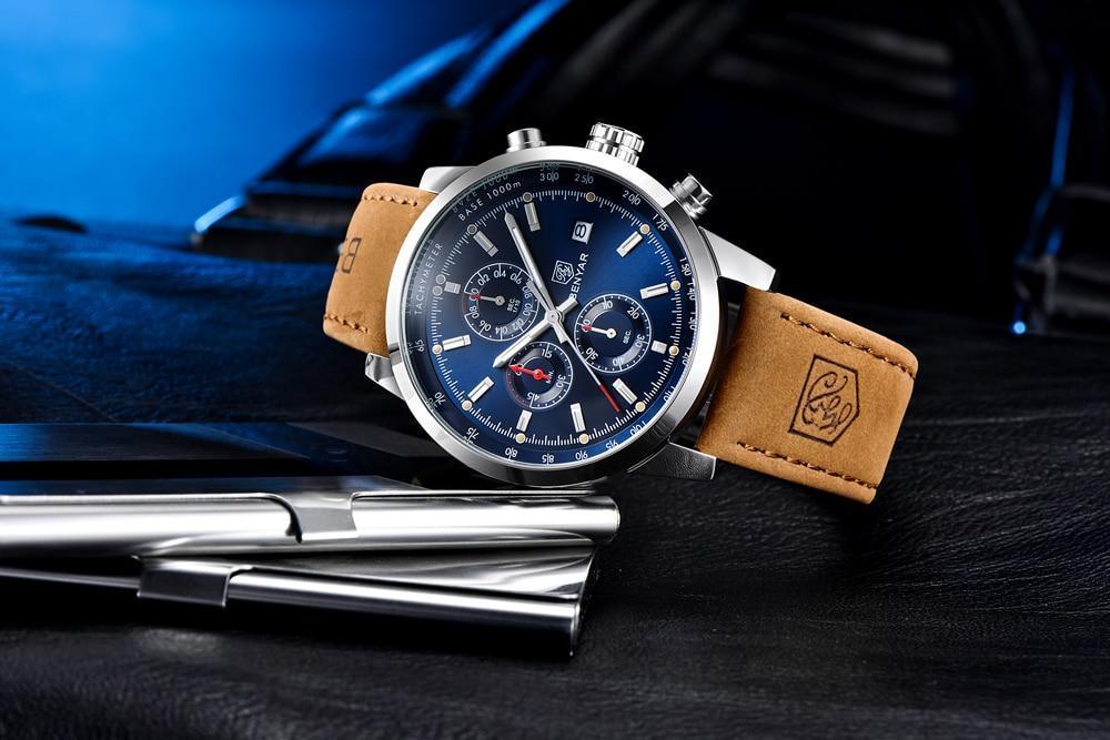 Stylish Wrist Watch For Men Genuine Leather Strap Watch Perfect Quartz Movement And Scratch Resistant Analog Chronograph Business Watches