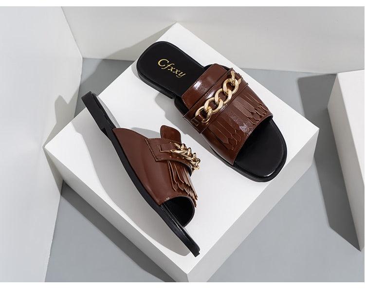 Summer New Women Slippers Open-Toe Flat Slippers Fashion Buckle Beach Slides Casual Flip Flops Women Shoes Slip On Comfortable Pointed Toe Loafers Women Luxury Black Sandals