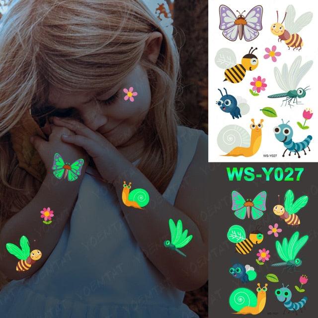 Luxury Luminous Tattoo Stickers Unicorn Stars Temporary Waterproof Luminous Fake Tattoos Stickers Dinosaur Butterfly For Children