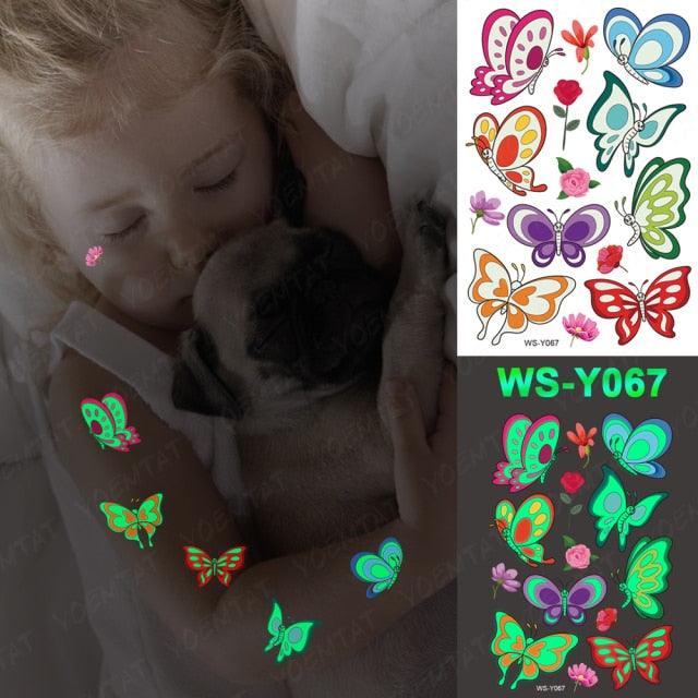 Luxury Luminous Tattoo Stickers Unicorn Stars Temporary Waterproof Luminous Fake Tattoos Stickers Dinosaur Butterfly For Children