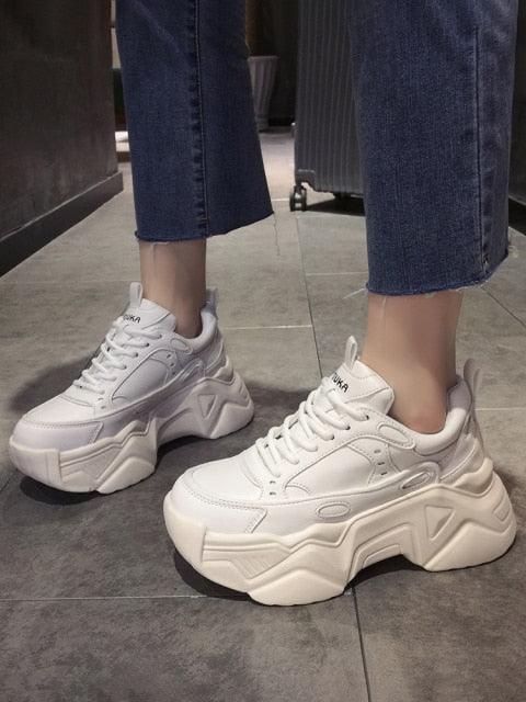 Women Platform Sneakers Leather Casual Ladies Chunky Shoes Woman High Black Fashion Thick Soled Sports Walking Shoes Lace Up Platform Leather Trainers Sneakers