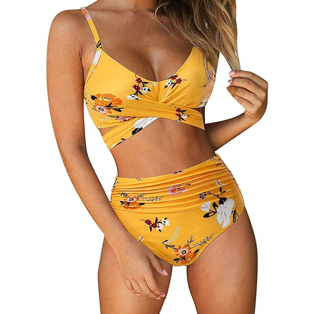 Modern Floral Bikini 2 Pieces Flower Print Bikini Set Women Crisscross High Waist String 2 Piece Bathing Suits High Waist Women's Swimsuit Shorts Solid Bikini Floral Summer Bikini Set