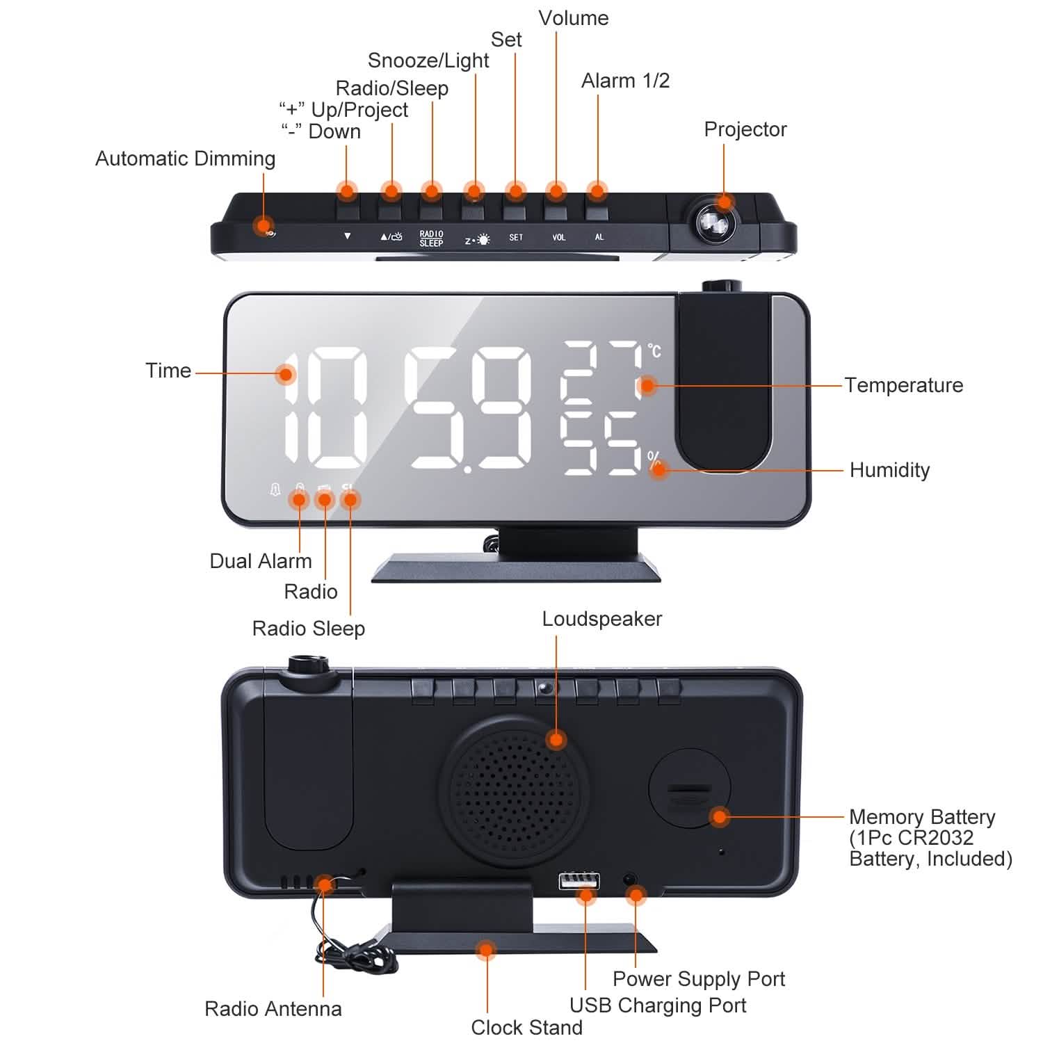 Projection Alarm Clock with Radio Function