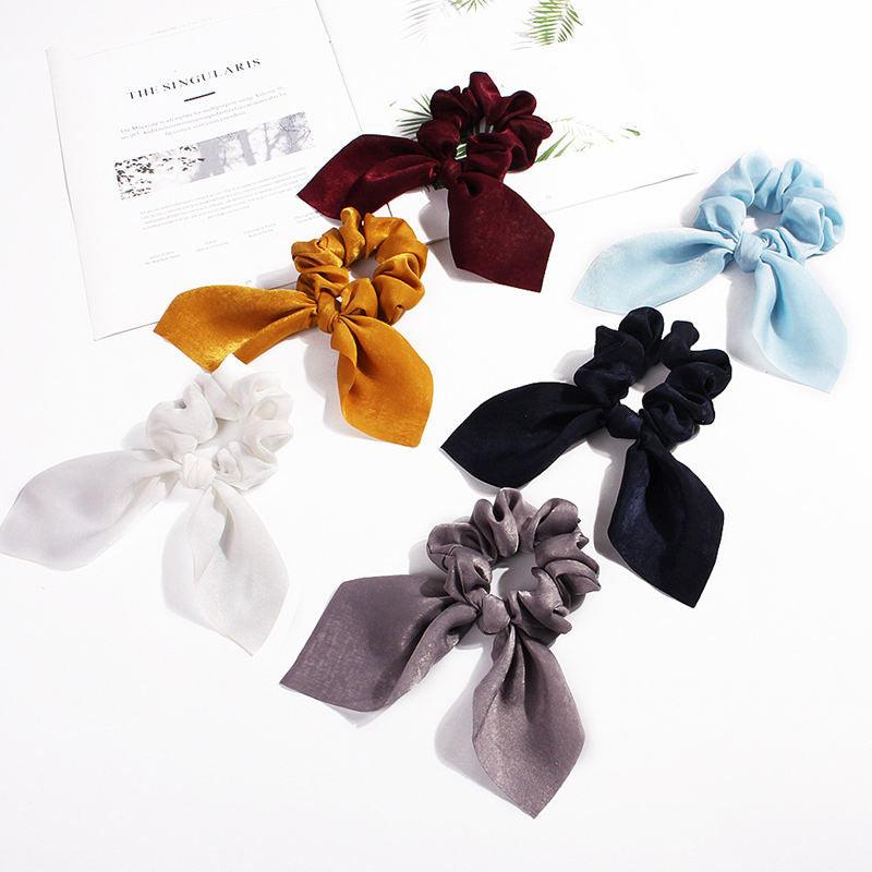 Pure Color Elastic Hair Band Rabbit Ear Bow Pearl Hair Rope Satin Ponytail Scrunchie Bobbles Elastic Hair Ties Ropes Ponytail Holder Accessories for Women And Girls