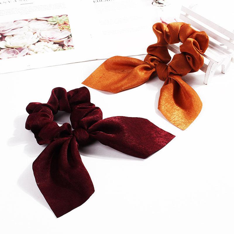 Pure Color Elastic Hair Band Rabbit Ear Bow Pearl Hair Rope Satin Ponytail Scrunchie Bobbles Elastic Hair Ties Ropes Ponytail Holder Accessories for Women And Girls