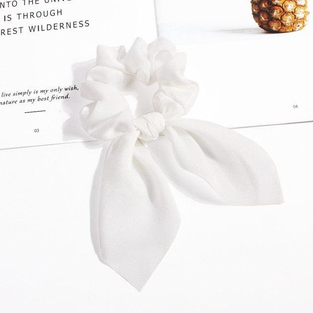 Pure Color Elastic Hair Band Rabbit Ear Bow Pearl Hair Rope Satin Ponytail Scrunchie Bobbles Elastic Hair Ties Ropes Ponytail Holder Accessories for Women And Girls