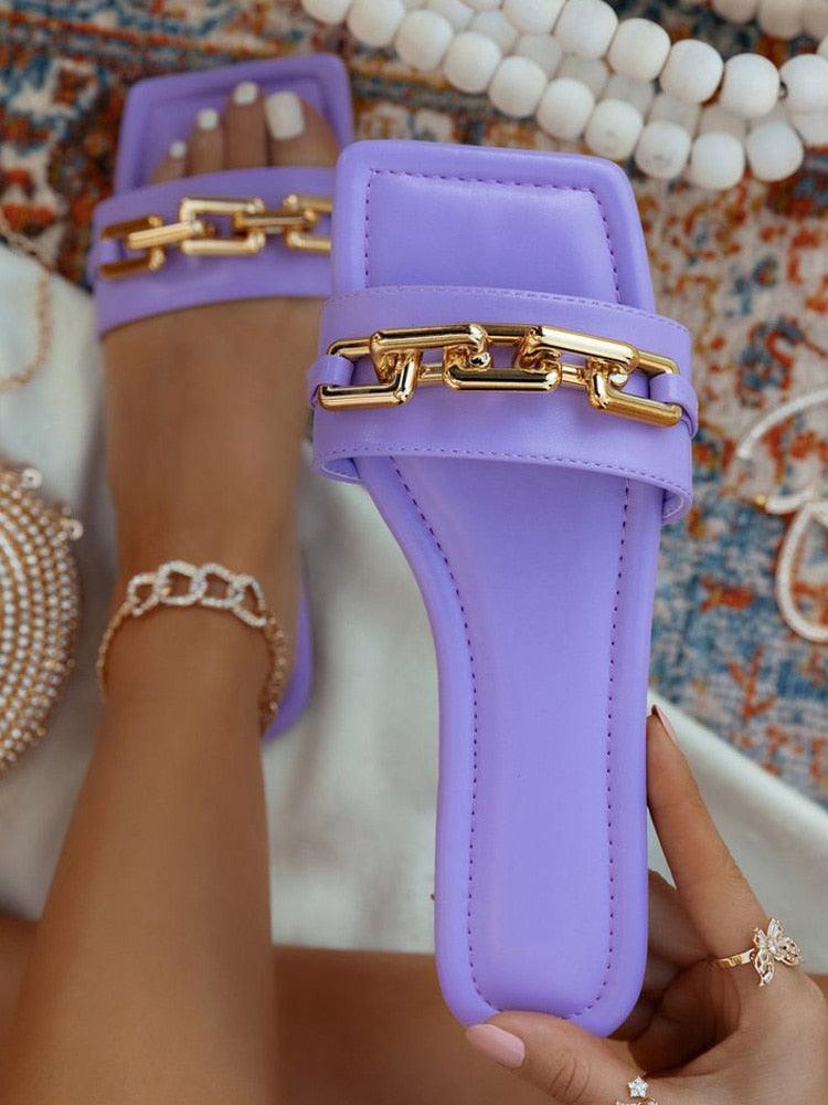 Purple Women's Slippers Summer Gold Chain Luxury Square Head Flat Heel Outdoor Beach Women Slides Sandals Leather Flat Sandals  Strap Slides With Chain Open Toe Summer Slippers