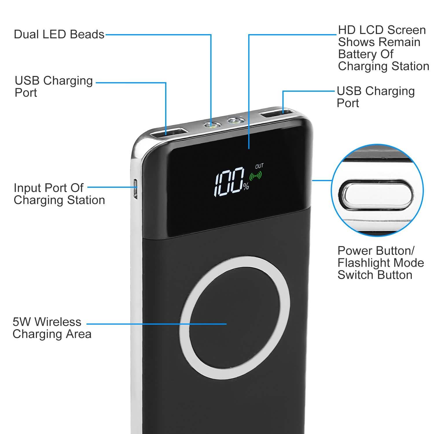 Qi Wireless Station 10000mAh Powerbank with 4 Modes Flashlight