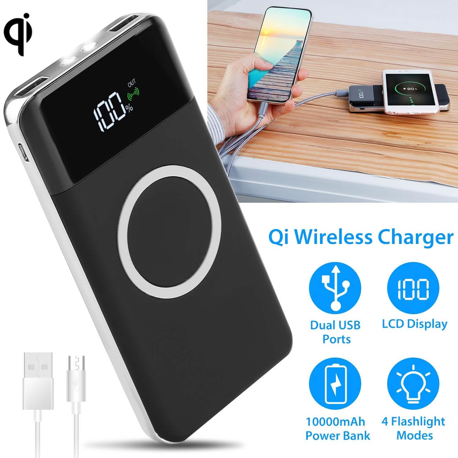 Qi Wireless Station 10000mAh Powerbank with 4 Modes Flashlight