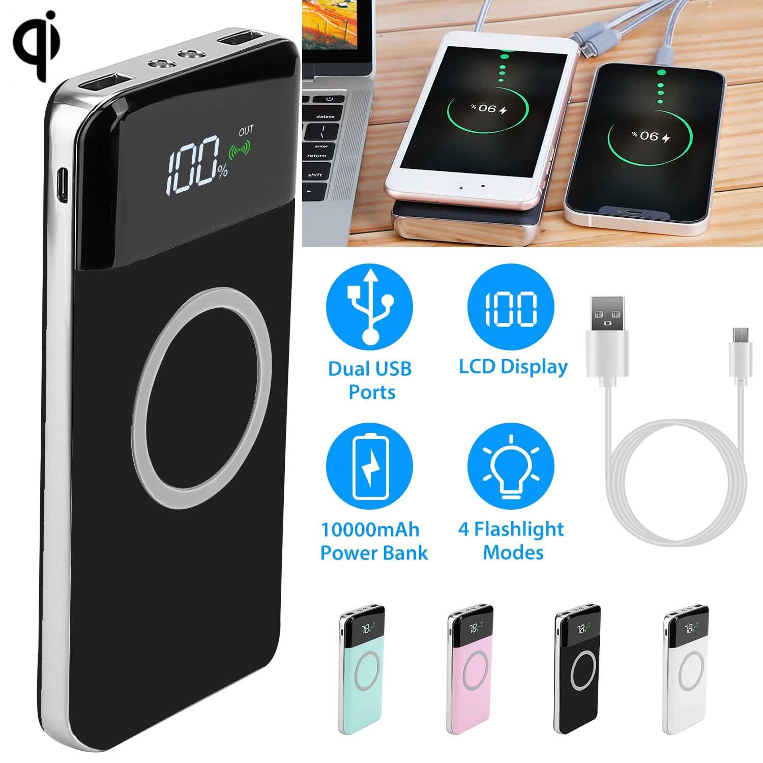 Qi Wireless Station 10000mAh Powerbank with 4 Modes Flashlight