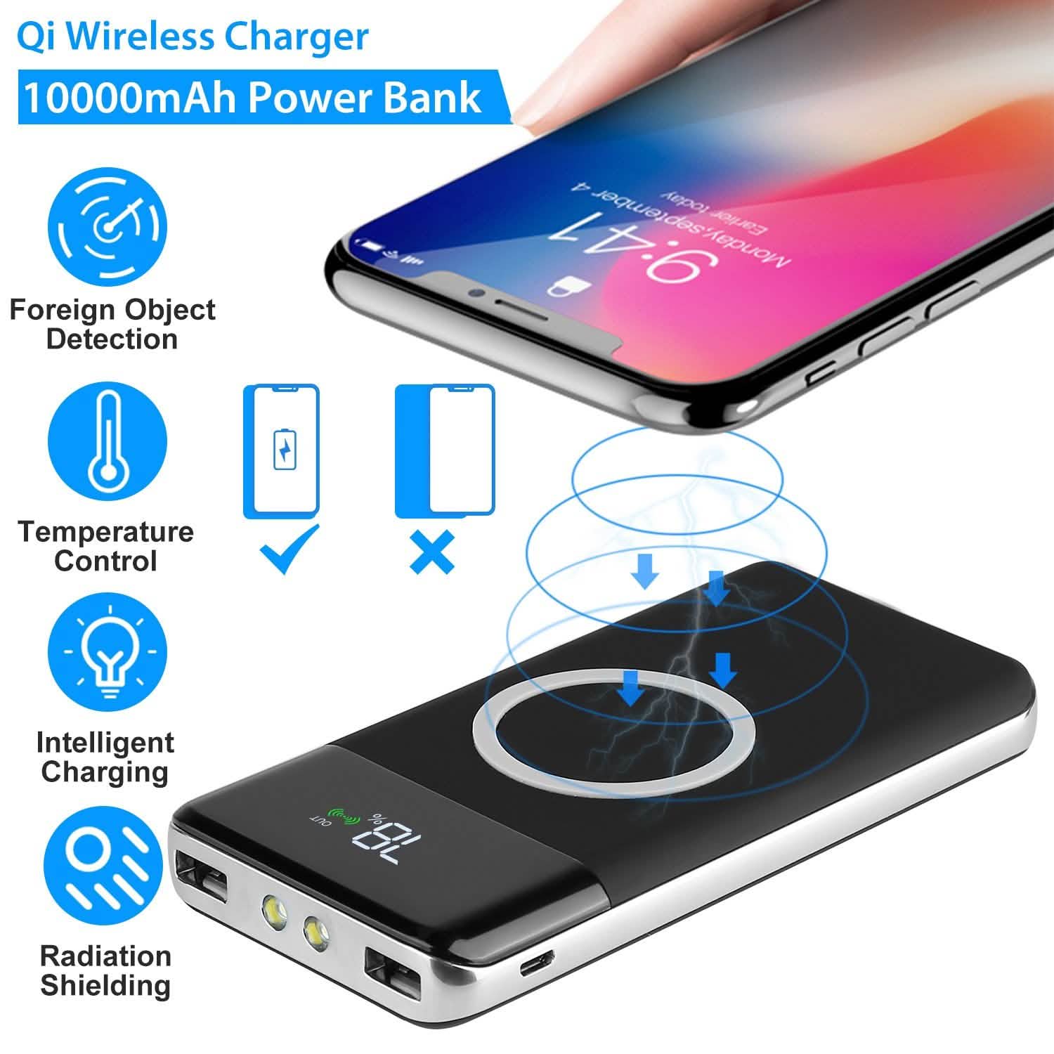 Qi Wireless Station 10000mAh Powerbank with 4 Modes Flashlight