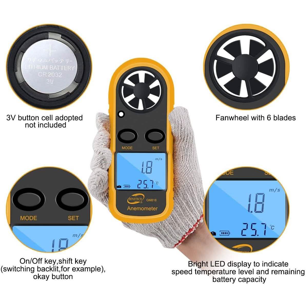 Qotone GM816 Digital Anemometer Wind-Speed Gauge Meter