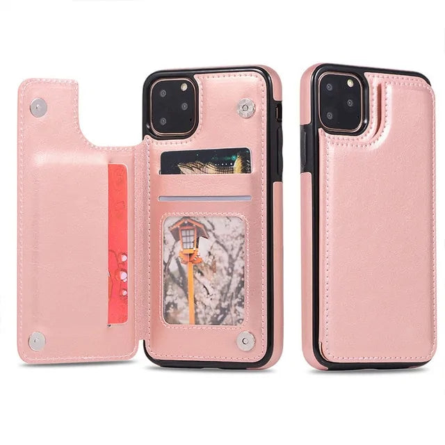 Leather Wallet Case for iPhone - Flip Cover with Card Slots & Kickstand