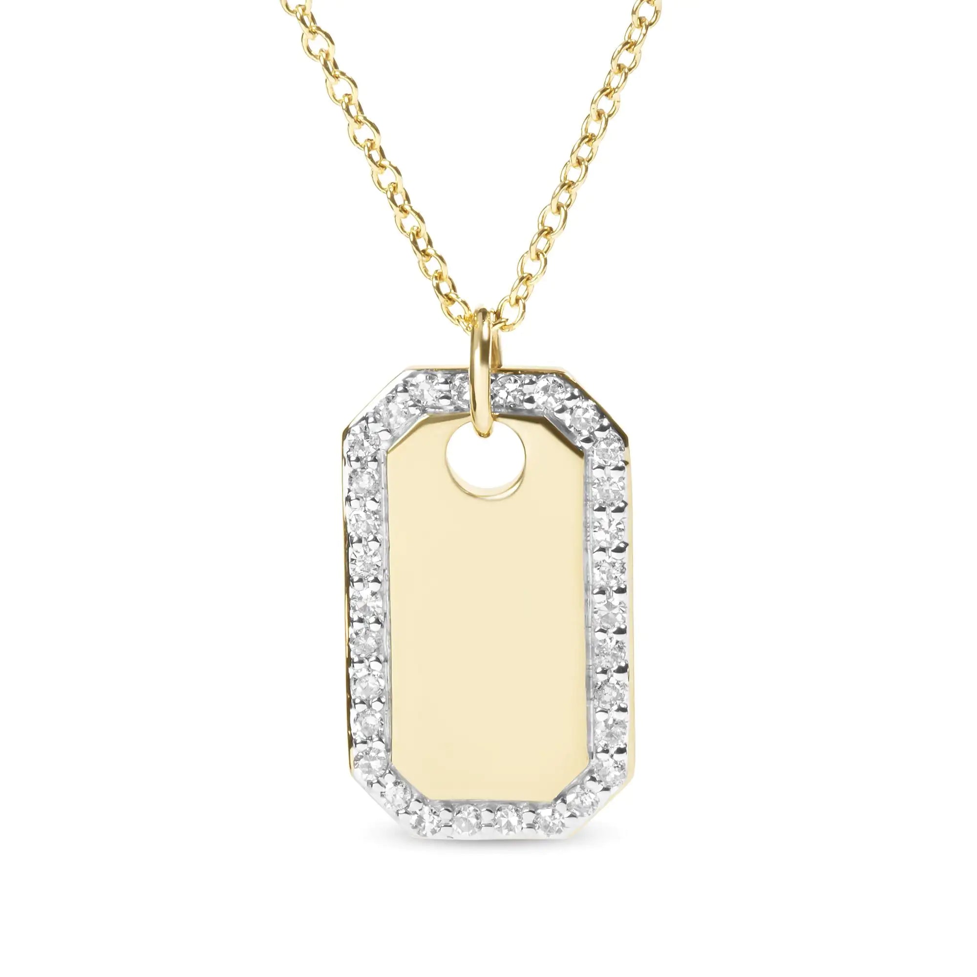 14K Yellow Gold 1/4 Cttw Diamond Halo  Octagonal Dog Tag Pendant 18" Necklace (I-J Color, I2-I3 Clarity)